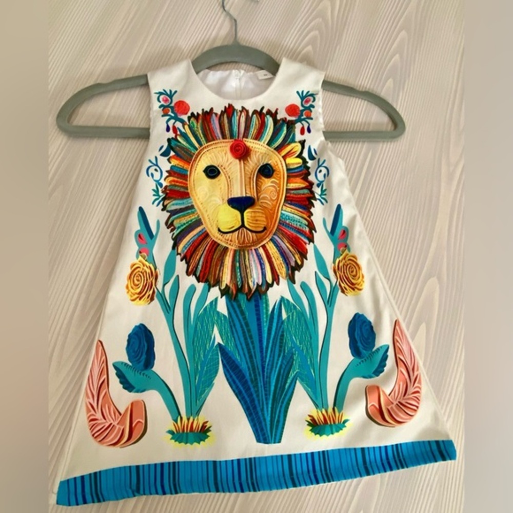 Toddler Size 3 Folk Art Lion & Floral Dress Lined Blue Yellow Orange